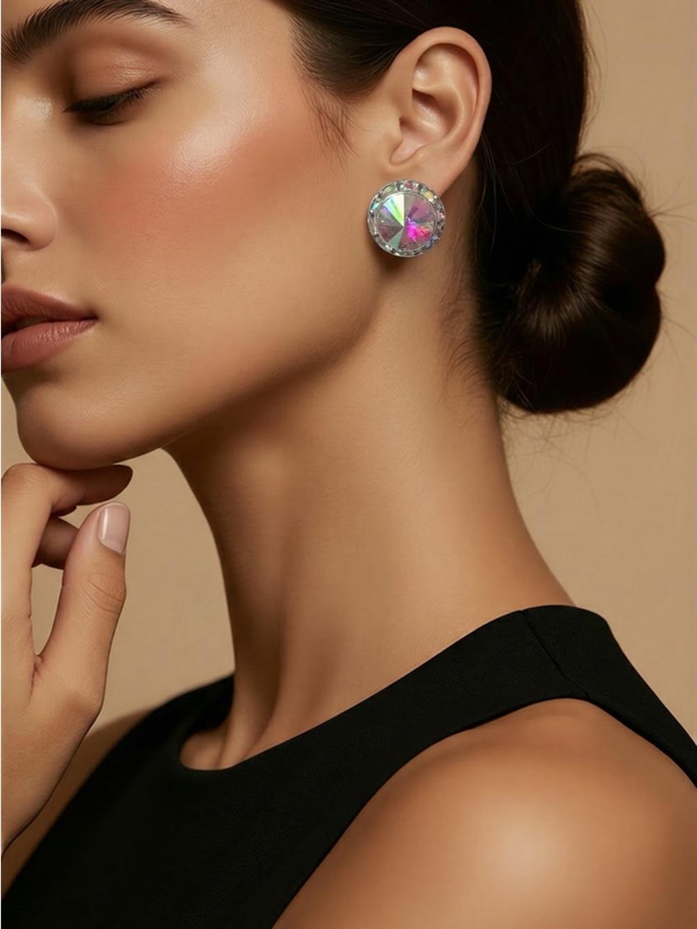 Iridescent Round Crystal Stud Earrings - Multicolor.  2 pairs of earrings